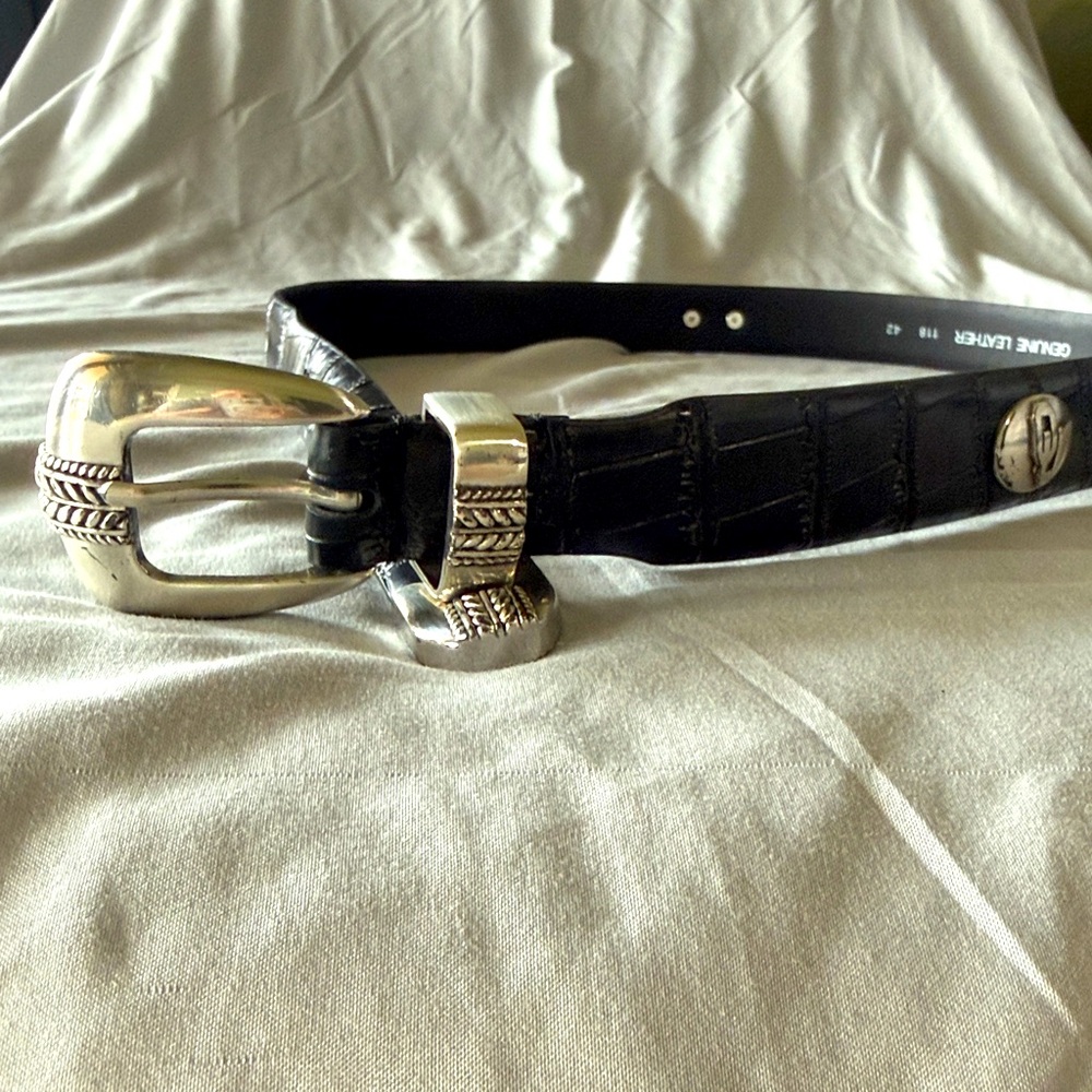 OU University of Oklahoma Mens Sz 42 Black Leather Belt Silver Buckle, 4 logos